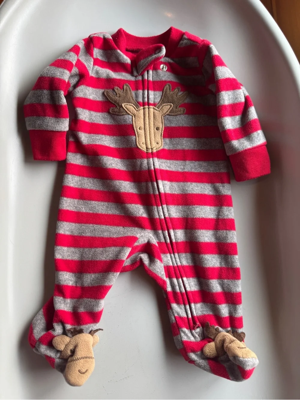 Carter's Red & Gray Striped Moose Footed Fleece One-Piece